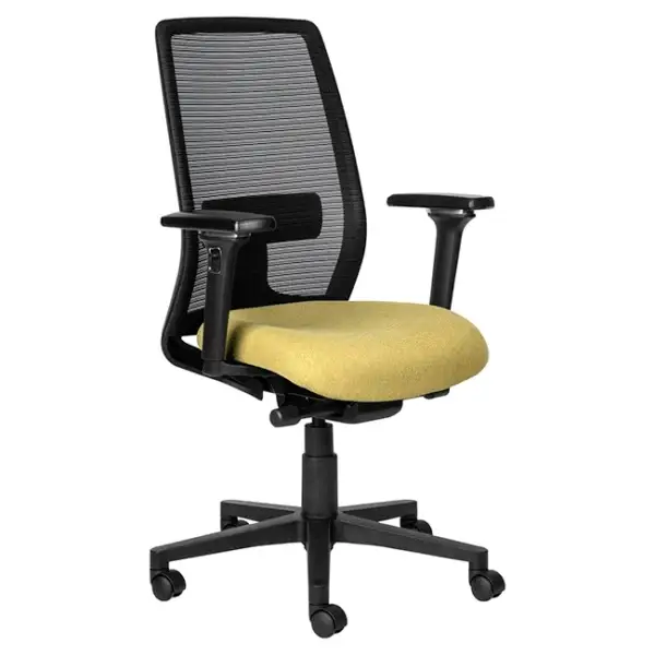 Black mesh office chair with mustard-yellow seat