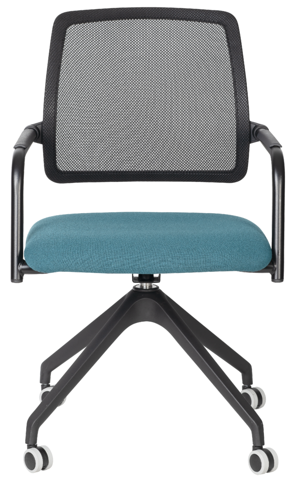 Black mesh office chair with teal upholstered seat