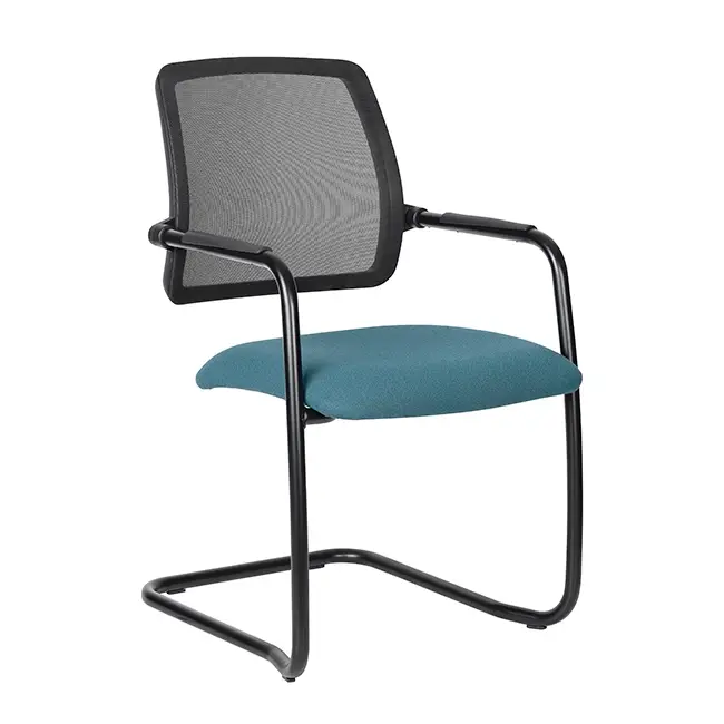 Blue upholstered visitor chair with black mesh backrest