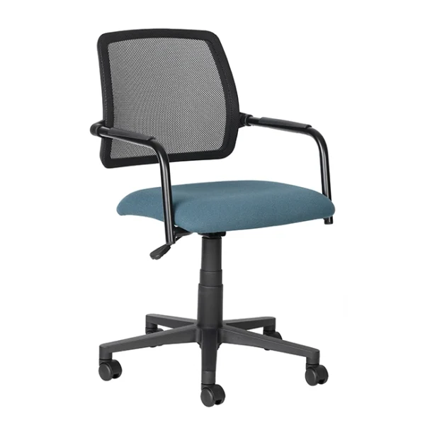Blue mesh-back office chair with armrests and wheels