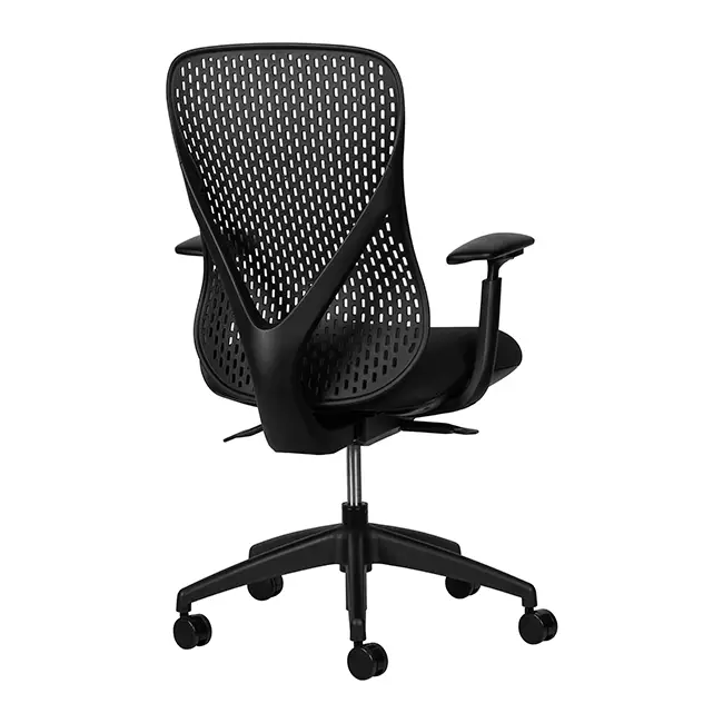 Black ergonomic mesh office chair on castors