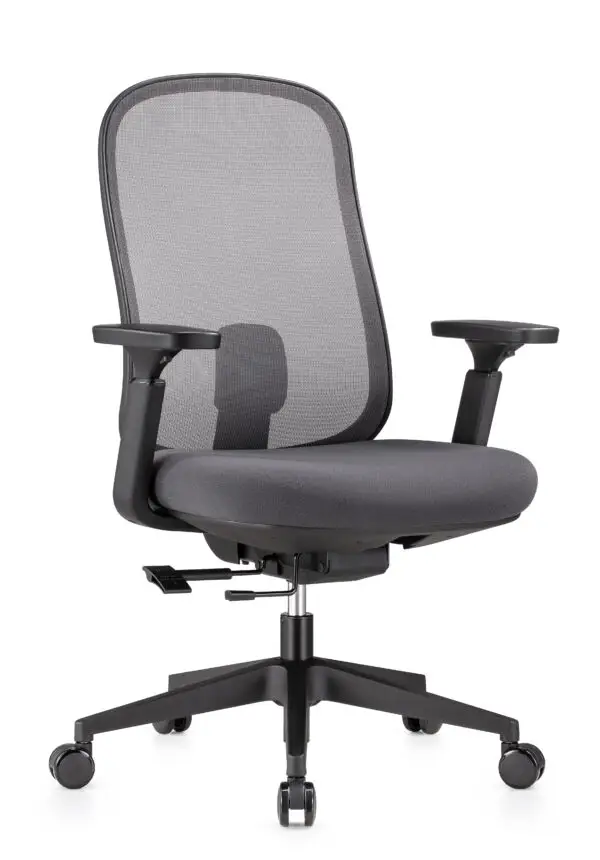 Black ergonomic mesh office chair with armrests and wheels