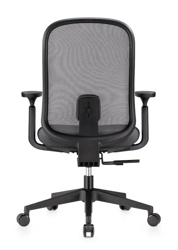 Black ergonomic mesh office chair with armrests and wheels