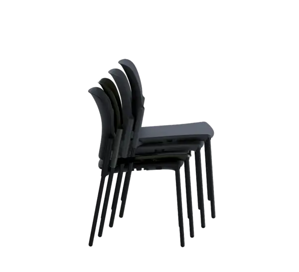 Stack of four black plastic chairs