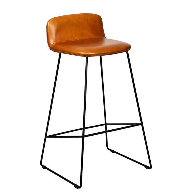 Tan leather bar stool with black metal frame