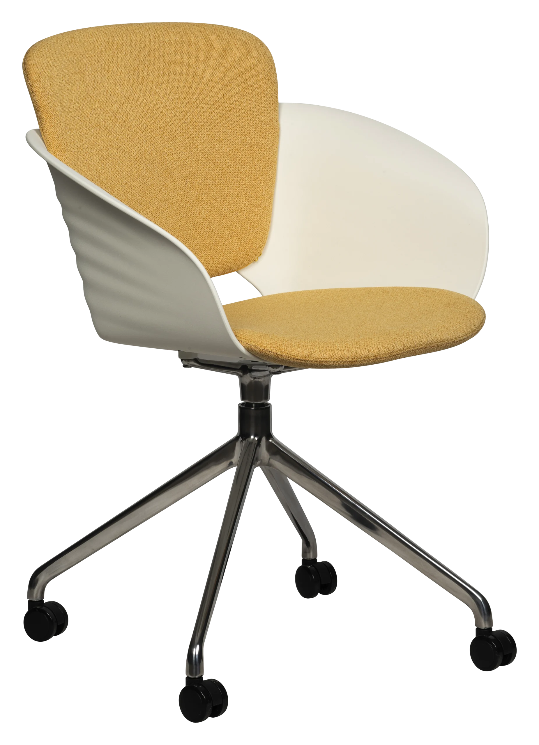 Mustard upholstered office chair with chrome wheeled base