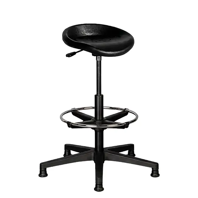 Black adjustable industrial stool with circular footrest