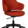 Red upholstered office chair with black wheeled base