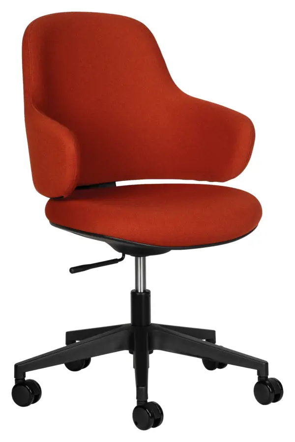 Red upholstered office chair with black wheeled base