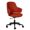 Red upholstered swivel office chair with black wheeled base