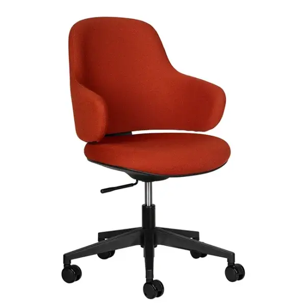 Red upholstered swivel office chair with black wheeled base