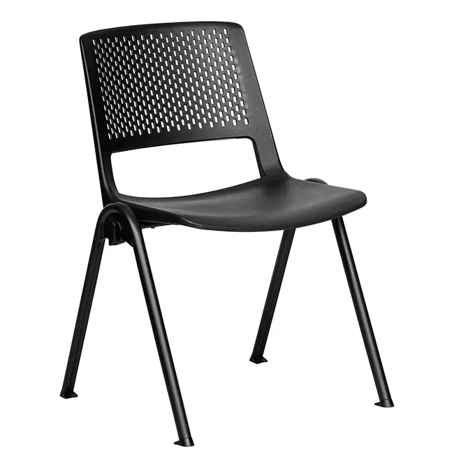 Black perforated plastic chair with four metal legs