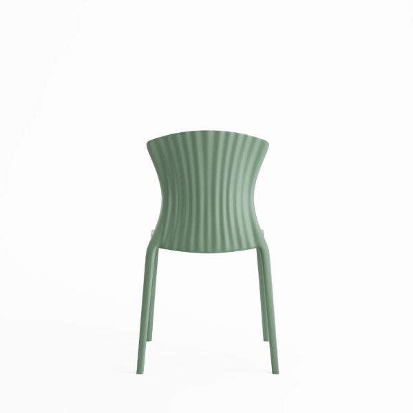 Sage green ribbed plastic chair viewed from behind