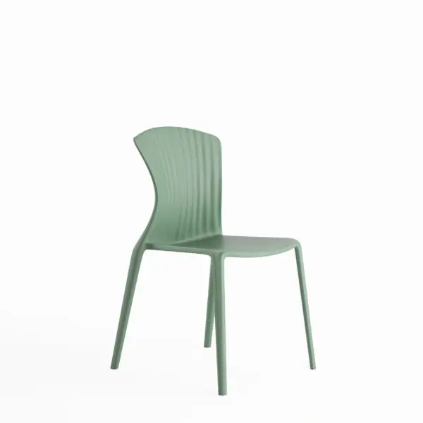 Sage green plastic chair with curved ribbed backrest