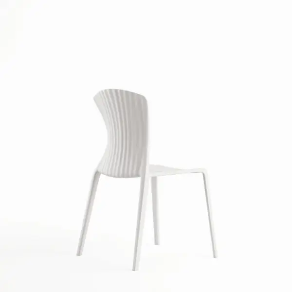 White ribbed plastic dining chair viewed from behind