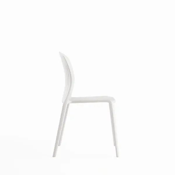 Side view of a white plastic dining chair