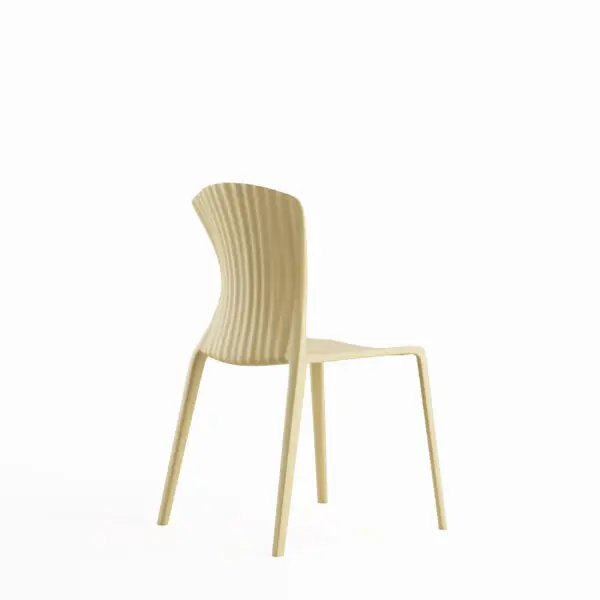 Beige ribbed plastic dining chair on white background