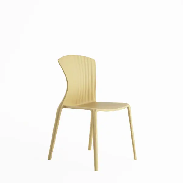 Light yellow moulded plastic dining chair on white background