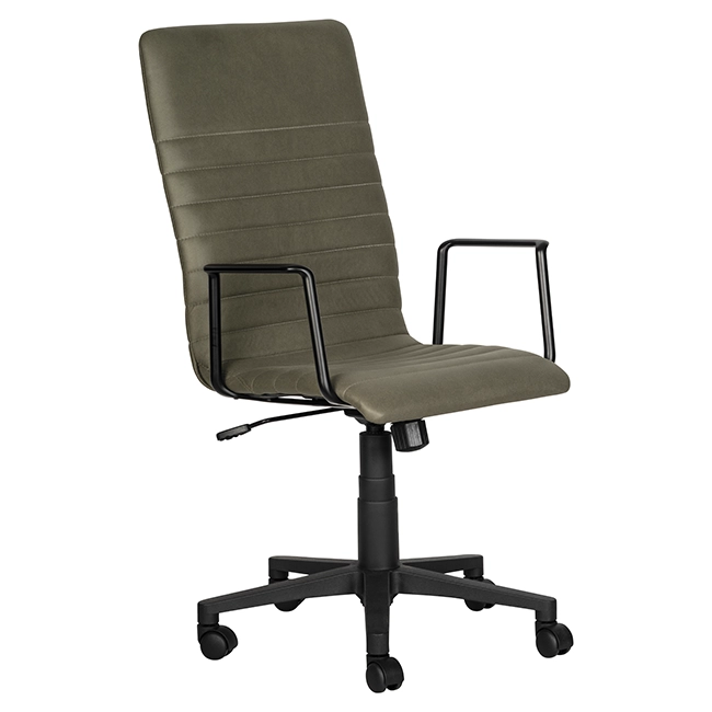 Olive green swivel office chair with black armrests