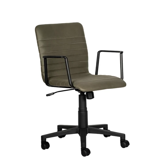 Olive green swivel office chair with black armrests