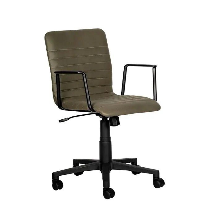 Olive green swivel office chair with black armrests