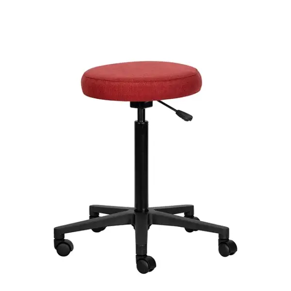 Red adjustable swivel stool with black wheeled base