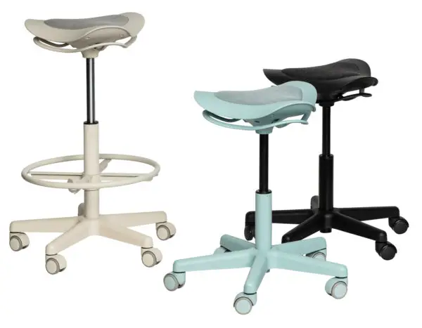 Three adjustable ergonomic stools with wheeled bases