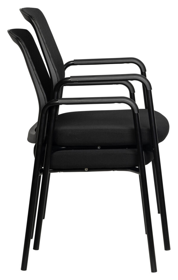 Stacked black upholstered office chairs with armrests