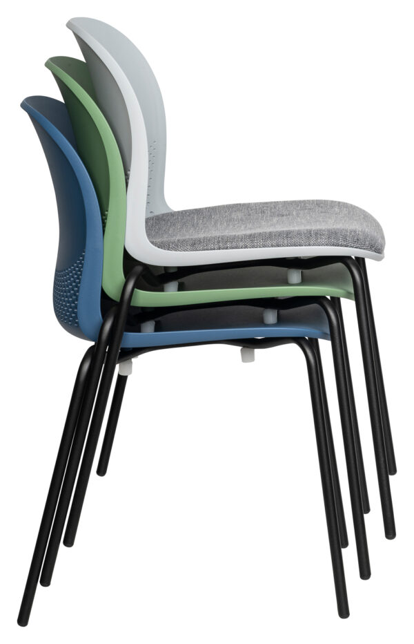 Stacked blue, green and grey upholstered chairs