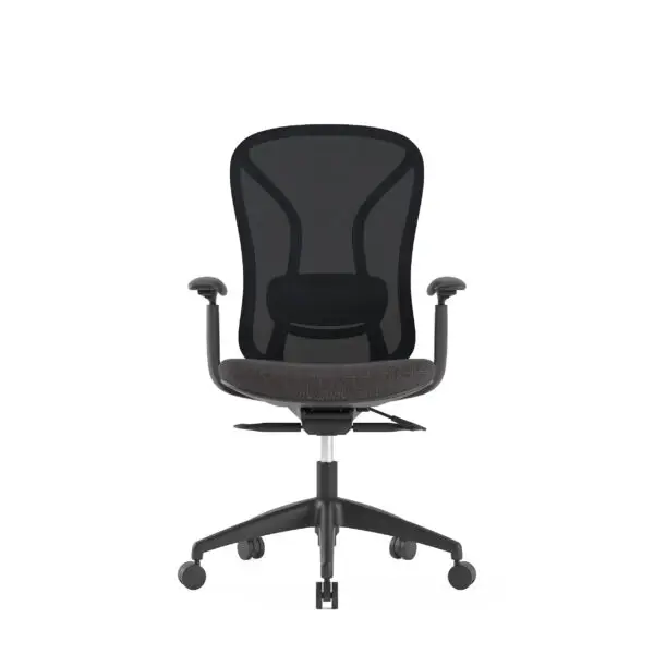 Black ergonomic mesh office chair with armrests and castors