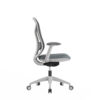 Grey ergonomic office chair with mesh back and wheels