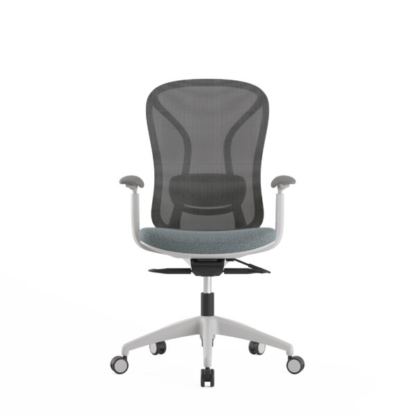 Grey ergonomic mesh office chair with wheeled five-star base
