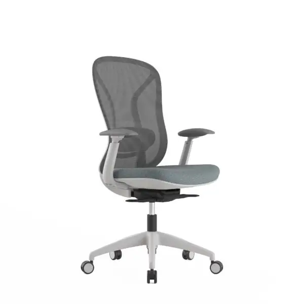 Grey ergonomic mesh office chair with wheeled white base