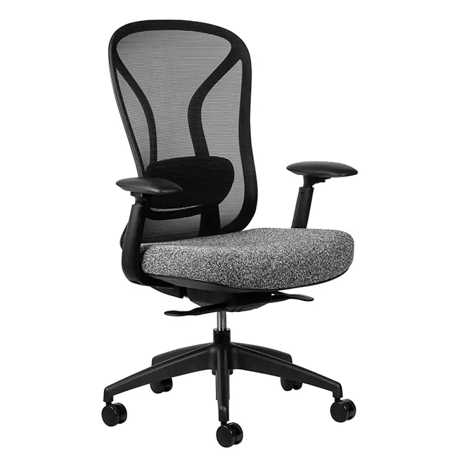 Black mesh ergonomic office chair with grey fabric seat