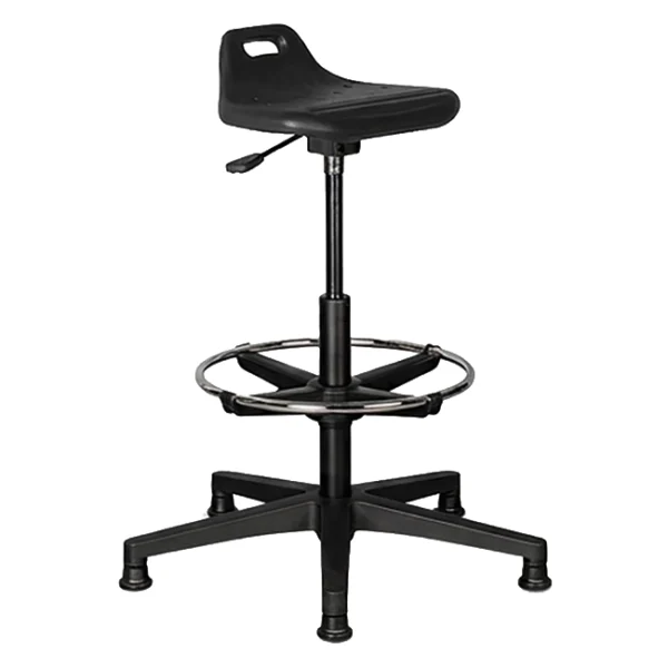 Black adjustable laboratory stool with foot ring