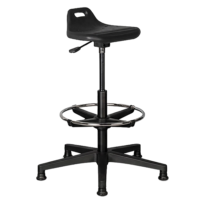 Black adjustable laboratory stool with foot ring