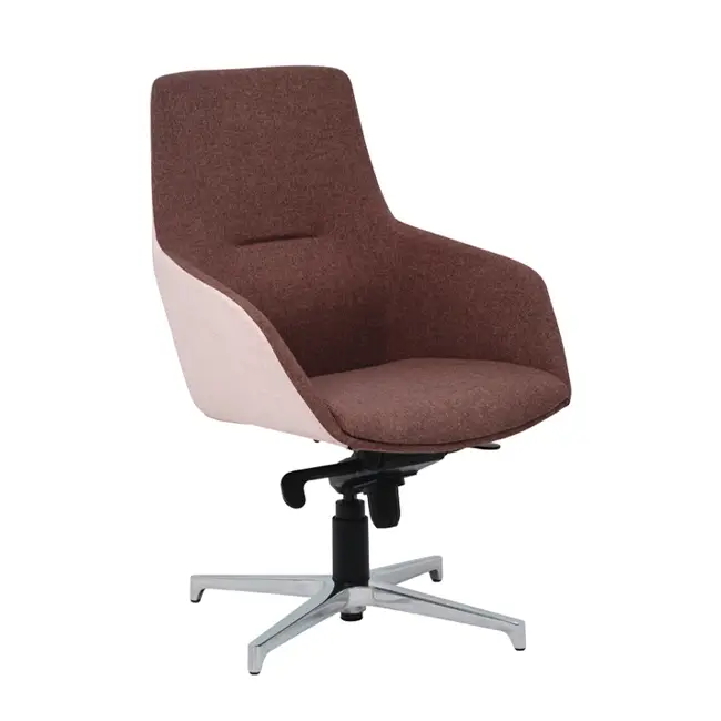 Brown upholstered swivel office chair with silver base
