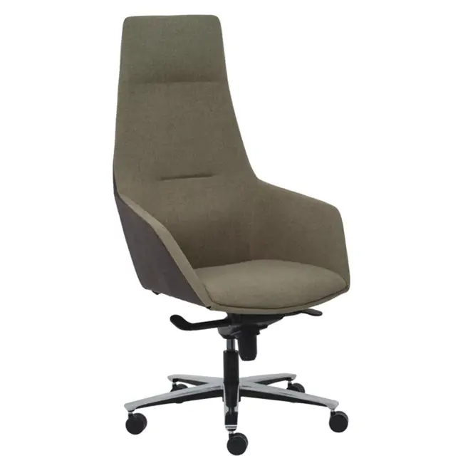 Olive upholstered high-back swivel office chair with castors