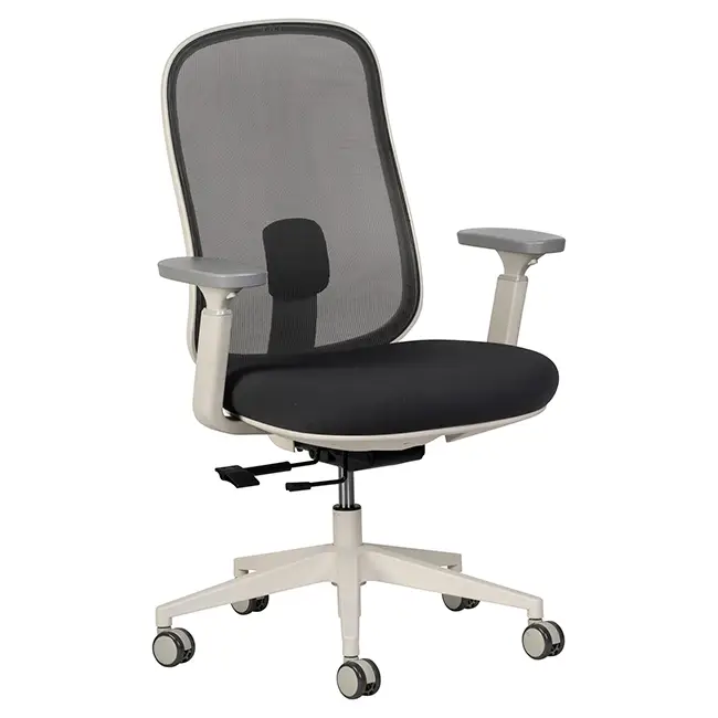 Black mesh ergonomic office chair with grey armrests and wheels
