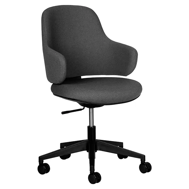 Dark grey upholstered swivel office chair with wheels