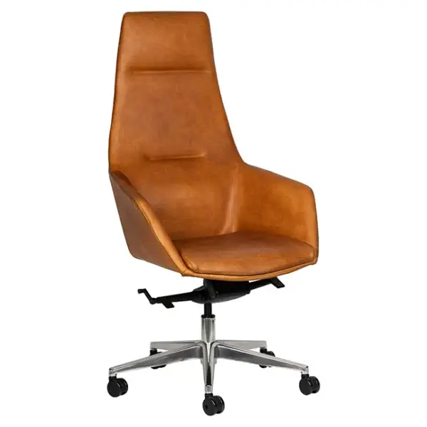 Tan leather high-back swivel office chair with castors